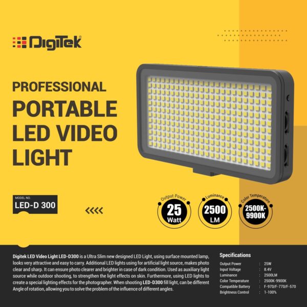 Digitek (LED-D300) Ultra Slim Portable Professional LED Video Light Multi Scene Lightening & Colour Temperature & Brightness Control